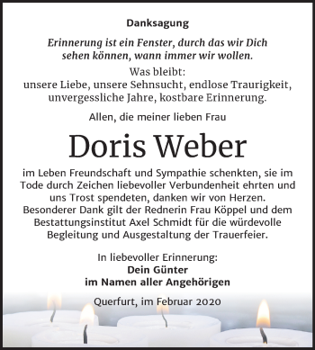 Traueranzeige von Doris Weber von Wochenspiegel Merseburg/Querfurt