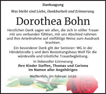 Traueranzeige von Dorothea Bohn von Wochenspiegel Weißenfels