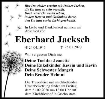 Traueranzeige von Eberhard Jacksch von Mitteldeutsche Zeitung Wittenberg