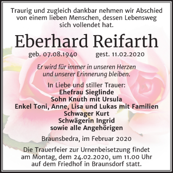 Traueranzeige von Eberhard Reifarth von Super Sonntag Merseburg/Querfurt
