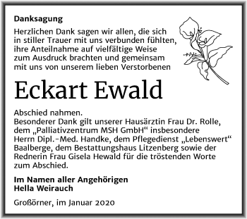 Traueranzeige von Eckart Ewald von Wochenspiegel Mansfelder Land