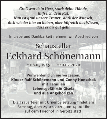 Traueranzeige von Eckhard Schönemann von Super Sonntag Bernburg