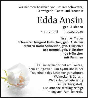 Traueranzeige von Edda Ansin von Mitteldeutsche Zeitung Bernburg