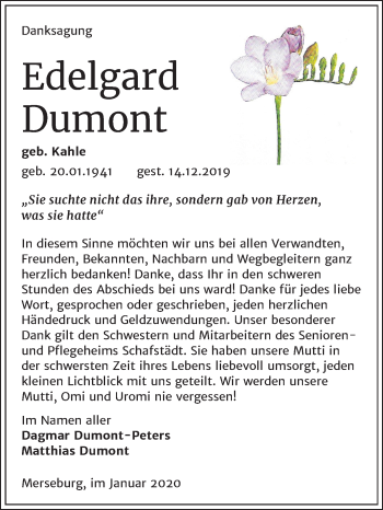 Traueranzeige von Edelgard Dumont von Super Sonntag Merseburg/Querfurt