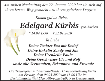 Traueranzeige von Edelgard Kürbis von Mitteldeutsche Zeitung Dessau-Roßlau