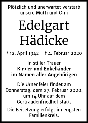 Traueranzeige von Edelgart Hädicke von Mitteldeutsche Zeitung Halle/Saalkreis