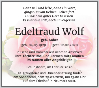 Traueranzeige von Edeltraud Wolf von Super Sonntag Merseburg/Querfurt