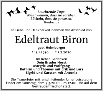 Traueranzeige von Edeltraut Biron von Mitteldeutsche Zeitung Halle/Saalkreis
