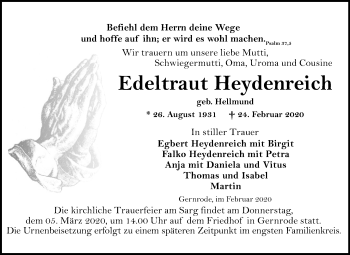 Traueranzeige von Edeltraut Heydenreich von Mitteldeutsche Zeitung Quedlinburg