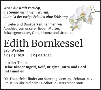Traueranzeige von Edith Bornkessel von Super Sonntag Quedlinburg
