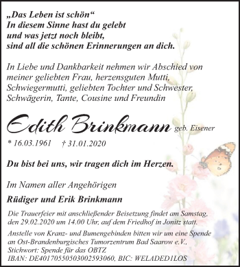 Traueranzeige von Edith Brinkmann von Mitteldeutsche Zeitung Dessau-Roßlau / Wittenberg