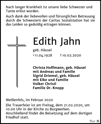 Traueranzeige von Edith Jahn von Mitteldeutsche Zeitung Weißenfels