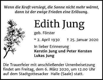 Traueranzeige von Edith Jung von Mitteldeutsche Zeitung Halle/Saalkreis