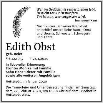 Traueranzeige von Edith Obst von Mitteldeutsche Zeitung Mansfelder Land