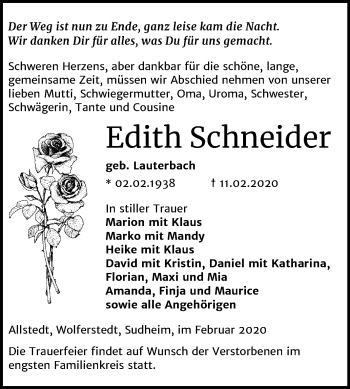 Traueranzeige von Edith Schneider von Wochenspiegel Sangerhausen