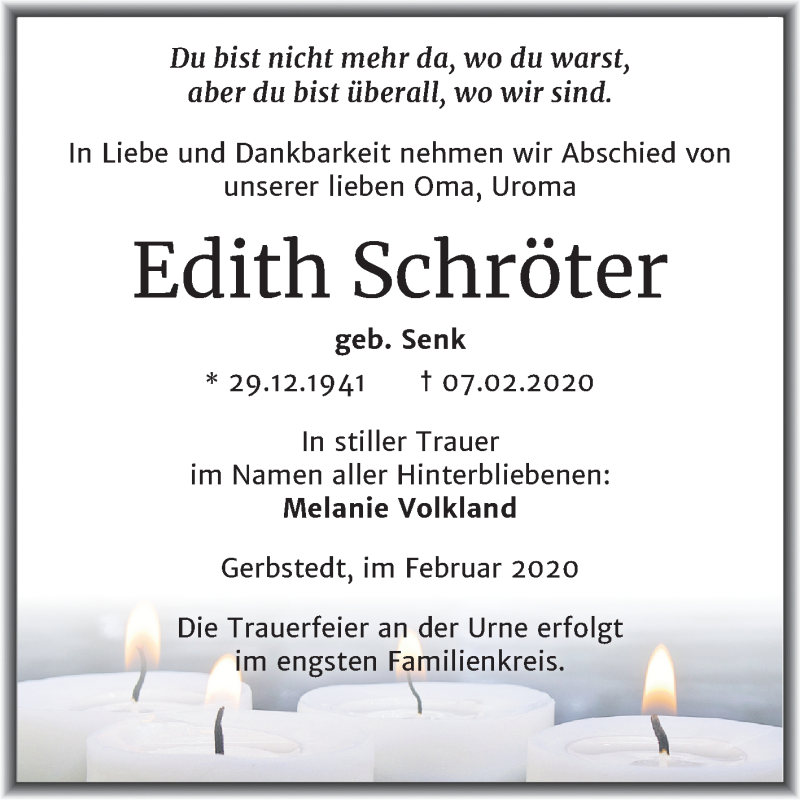  Traueranzeige für Edith Schröter vom 15.02.2020 aus Super Sonntag Mansfelder Land