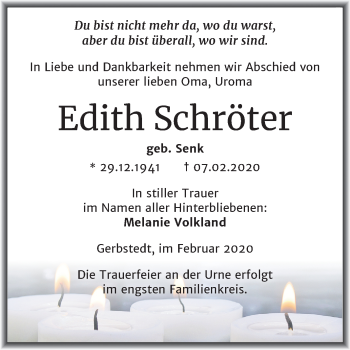 Traueranzeige von Edith Schröter von Mitteldeutsche Zeitung Mansfelder Land