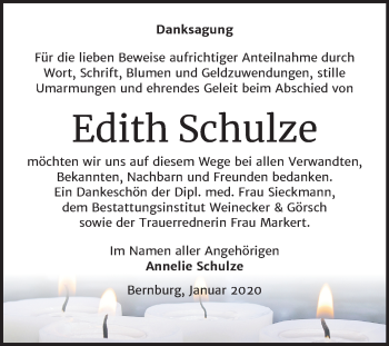 Traueranzeige von Edith Schulze von Mitteldeutsche Zeitung Bernburg