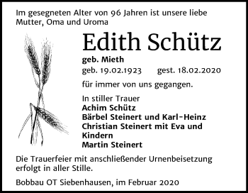 Traueranzeige von Edith Schütz von Mitteldeutsche Zeitung Bitterfeld