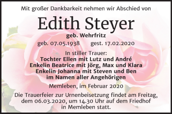 Traueranzeige von Edith Steyer von Wochenspiegel Naumburg/Nebra