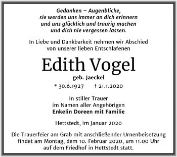 Traueranzeige von Edith Vogel von Wochenspiegel Mansfelder Land