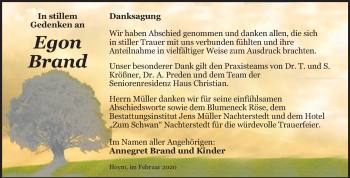 Traueranzeige von Egon Brand von Super Sonntag Aschersleben