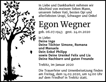 Traueranzeige von Egon Wegner von Super Sonntag Wittenberg