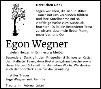 Traueranzeige von Egon Wegner von Super Sonntag Wittenberg