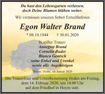 Traueranzeige von Egon Walter Brand von Super Sonntag Aschersleben