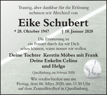 Traueranzeige von Eike Schubert von Super Sonntag Quedlinburg