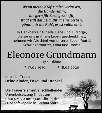 Traueranzeige von Eleonore Grundmann von Wochenspiegel Bitterfeld