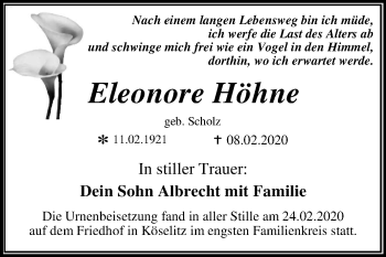 Traueranzeige von Eleonore Höhne von Super Sonntag Wittenberg