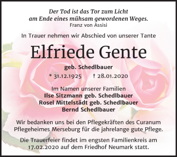 Traueranzeige von Elfriede Gente von Mitteldeutsche Zeitung Merseburg/Querfurt