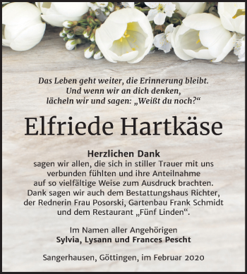 Traueranzeige von Elfriede Hartkäse von Mitteldeutsche Zeitung Sangerhausen