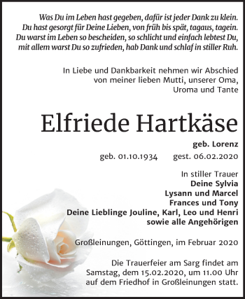 Traueranzeige von Elfriede Hartkäse von Mitteldeutsche Zeitung Sangerhausen