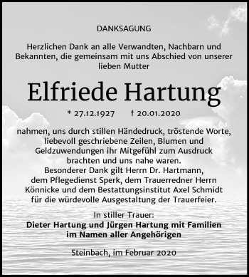 Traueranzeige von Elfriede Hartung von Mitteldeutsche Zeitung Naumburg/Nebra