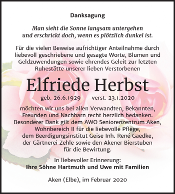 Traueranzeige von Elfriede Herbst von Mitteldeutsche Zeitung Köthen