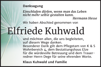Traueranzeige von Elfriede Kuhwald von Super Sonntag Dessau-Roßlau