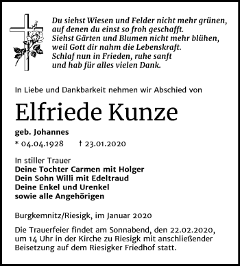 Traueranzeige von Elfriede Kunze von Super Sonntag Wittenberg