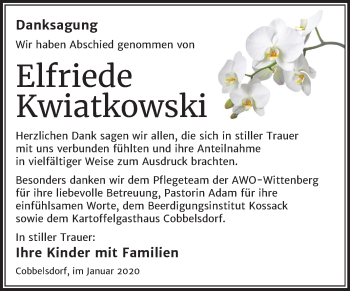 Traueranzeige von Elfriede Kwiatkowski von Super Sonntag Wittenberg