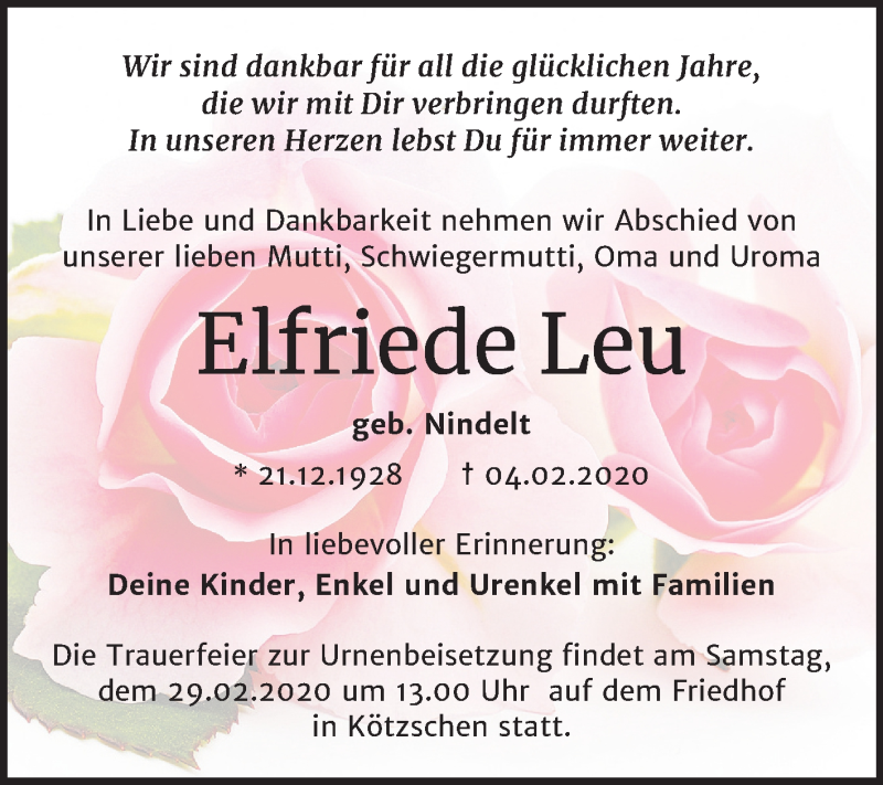 Traueranzeige für Elfriede Leu vom 15.02.2020 aus Super Sonntag Merseburg/Querfurt