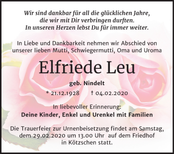 Traueranzeige von Elfriede Leu von Super Sonntag Merseburg/Querfurt