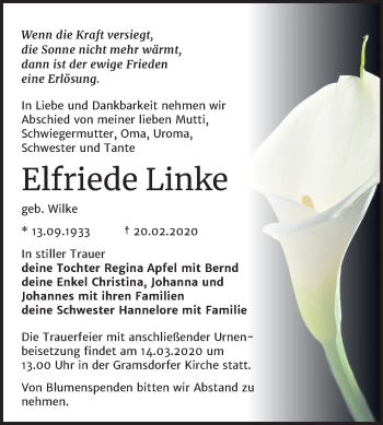 Traueranzeige von Elfriede Linke von Super Sonntag Bernburg