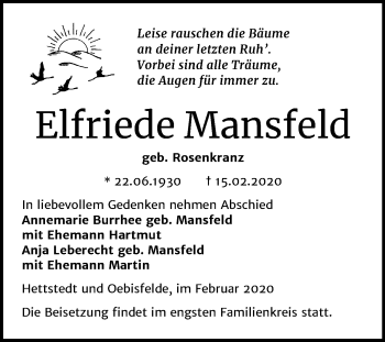 Traueranzeige von Elfriede Mansfeld von Mitteldeutsche Zeitung Mansfelder Land