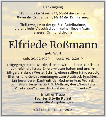 Traueranzeige von Elfriede Roßmann von Mitteldeutsche Zeitung Merseburg/Querfurt