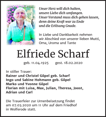 Traueranzeige von Elfriede Scharf von Mitteldeutsche Zeitung Mansfelder Land