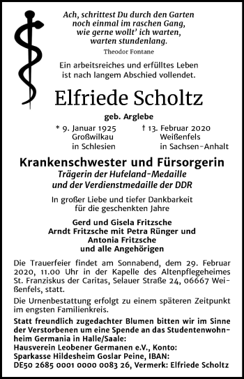 Traueranzeige von Elfriede Scholtz von Wochenspiegel Weißenfels