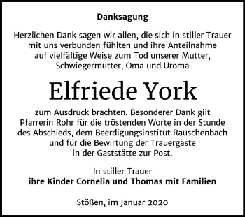 Traueranzeige von Elfriede York von Wochenspiegel Naumburg/Nebra