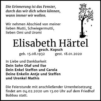 Traueranzeige von Elisabeth Härtel von Mitteldeutsche Zeitung Bitterfeld