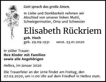 Traueranzeige von Elisabeth Rückriem von Wochenspiegel Mansfelder Land